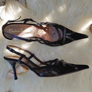 Black Suede with Leather Details Cut-out Pointed-Toe Slingback Pumps (39…